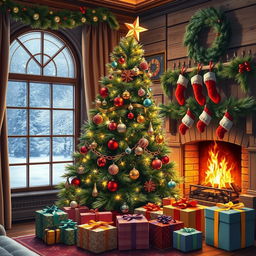 A cozy, festive Christmas scene featuring a beautifully decorated Christmas tree adorned with twinkling lights, colorful ornaments, and a shining star on top