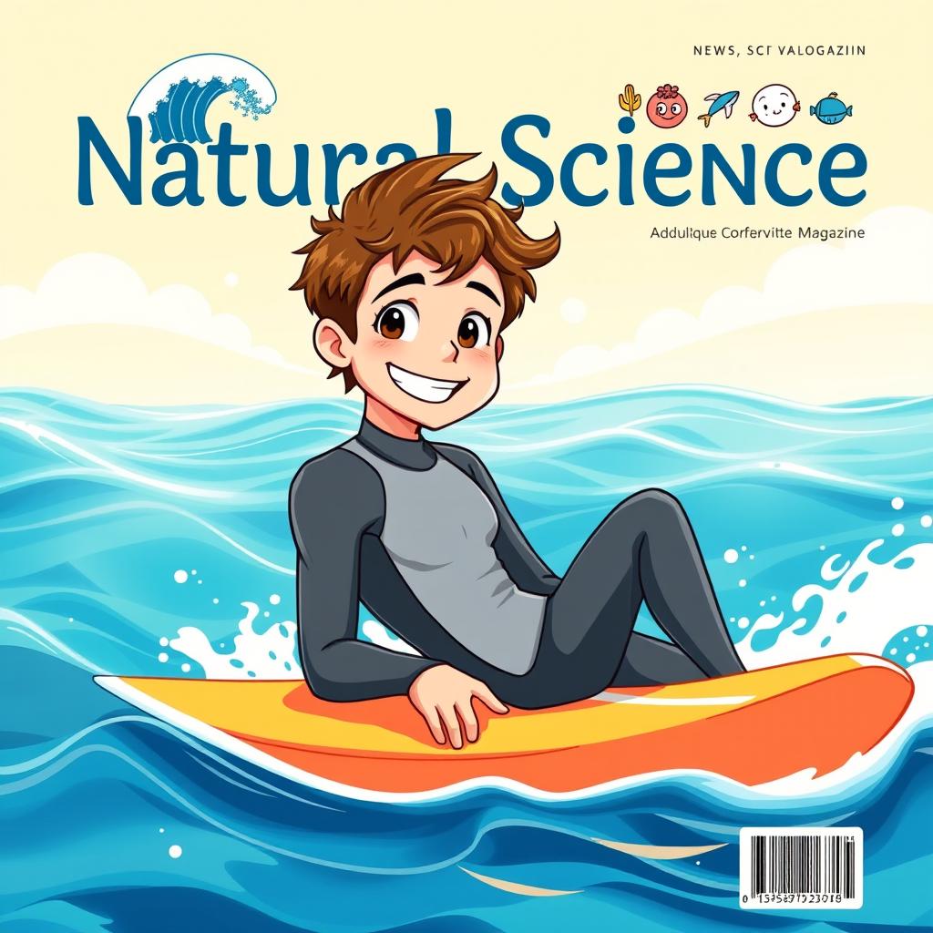 An educational natural science magazine cover featuring an anime-style illustration of a friendly male surfer