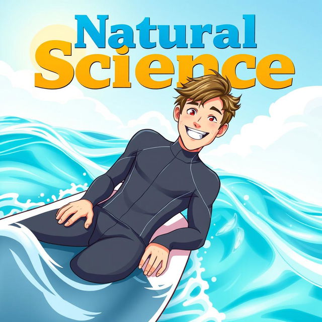 An educational natural science magazine cover featuring an anime-style illustration of a friendly male surfer