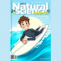 An educational natural science magazine cover featuring an anime-style illustration of a friendly male surfer