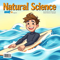 An educational natural science magazine cover featuring an anime-style illustration of a friendly male surfer