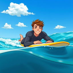 Anime-style cover art for an educational natural science magazine, featuring a friendly and fit male surfer in a wetsuit
