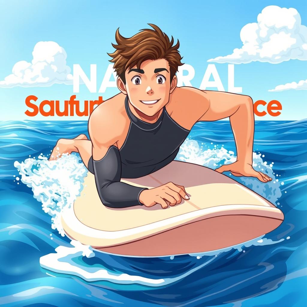 Anime-style cover art for an educational natural science magazine, featuring a friendly and fit male surfer in a wetsuit