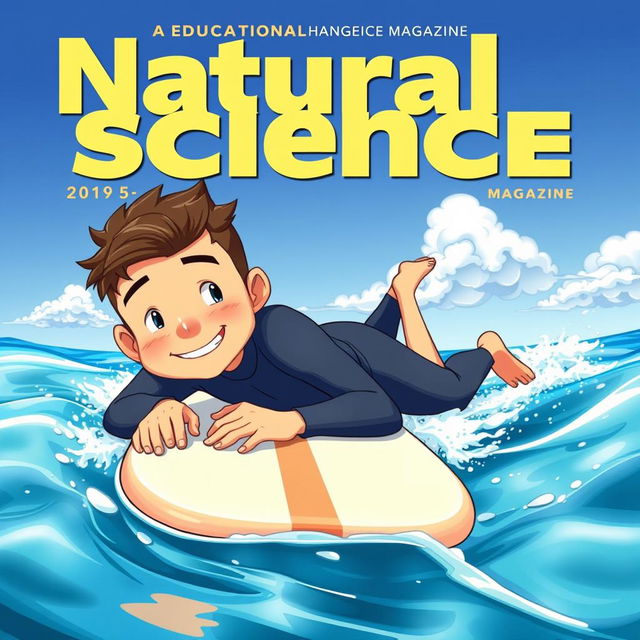 Anime-style cover art for an educational natural science magazine, featuring a friendly and fit male surfer in a wetsuit