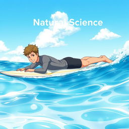Anime-style cover art for an educational natural science magazine, featuring a friendly and fit male surfer in a wetsuit