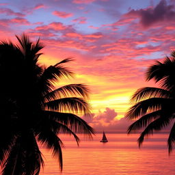 A gorgeous sunset over a calm ocean, the sky filled with vibrant hues of orange, pink, and purple, reflecting on the water