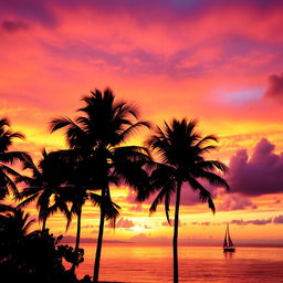 A gorgeous sunset over a calm ocean, the sky filled with vibrant hues of orange, pink, and purple, reflecting on the water