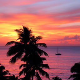 A gorgeous sunset over a calm ocean, the sky filled with vibrant hues of orange, pink, and purple, reflecting on the water