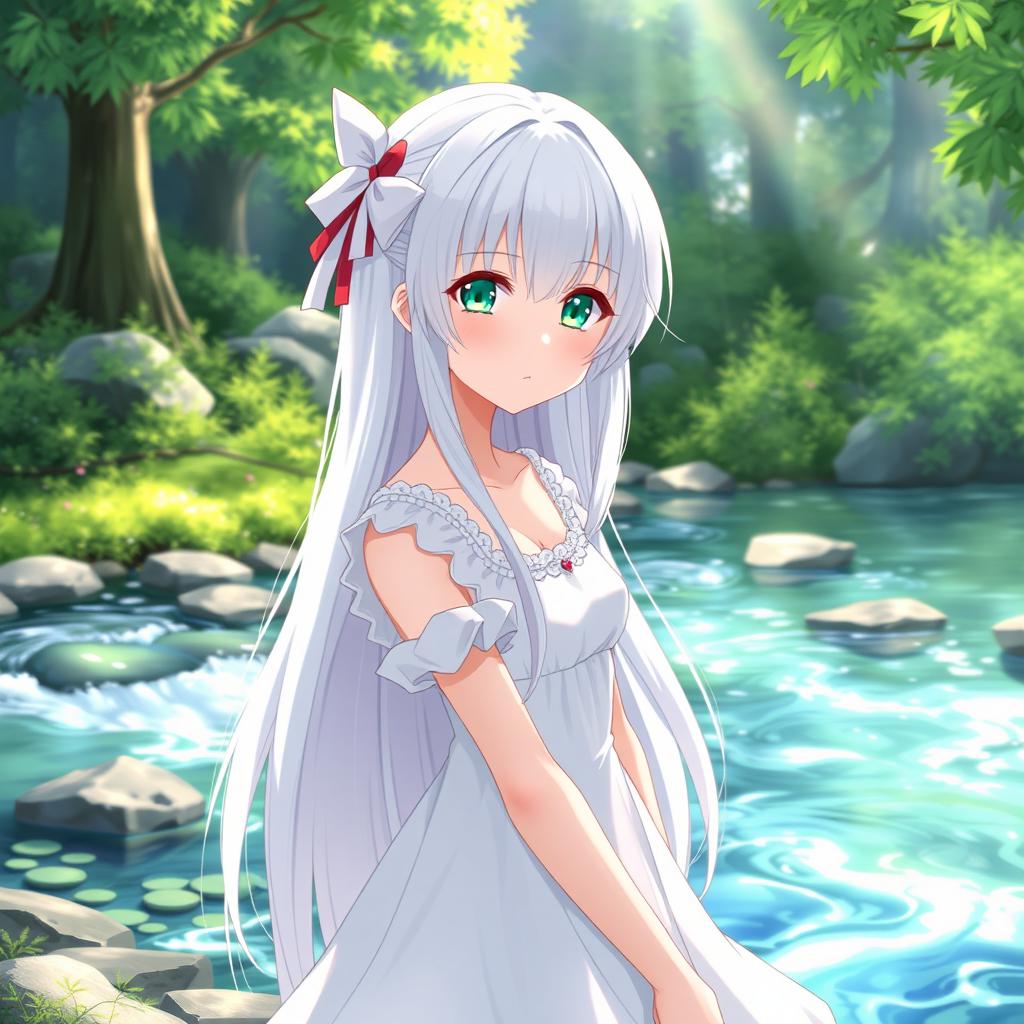 An anime girl with long white hair and green eyes standing by a riverside, wearing a beautiful white dress