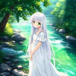 An anime girl with long white hair and green eyes standing by a riverside, wearing a beautiful white dress