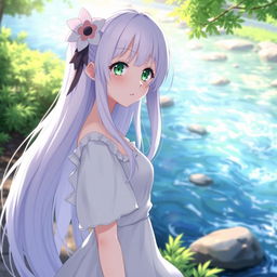 An anime girl with long white hair and green eyes standing by a riverside, wearing a beautiful white dress