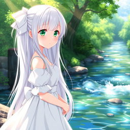 An anime girl with long white hair and green eyes standing by a riverside, wearing a beautiful white dress