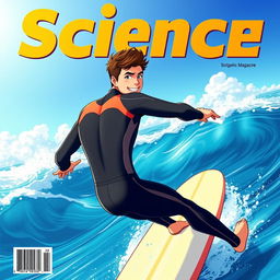 A vibrant anime-style magazine cover art showcasing an athletic male surfer in a sleek wetsuit, sprinting towards a picturesque ocean