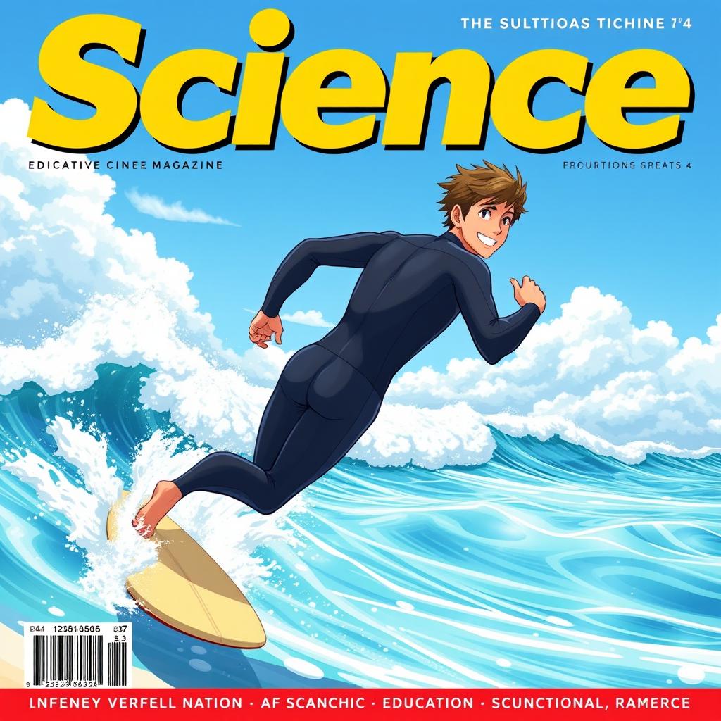 A vibrant anime-style magazine cover art showcasing an athletic male surfer in a sleek wetsuit, sprinting towards a picturesque ocean