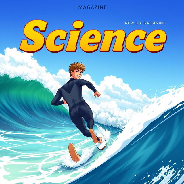 A vibrant anime-style magazine cover art showcasing an athletic male surfer in a sleek wetsuit, sprinting towards a picturesque ocean