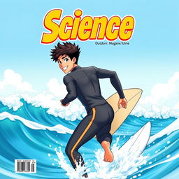 A vibrant anime-style magazine cover art showcasing an athletic male surfer in a sleek wetsuit, sprinting towards a picturesque ocean