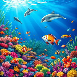 A vibrant and whimsical underwater scene featuring a colorful coral reef teeming with marine life