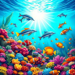 A vibrant and whimsical underwater scene featuring a colorful coral reef teeming with marine life