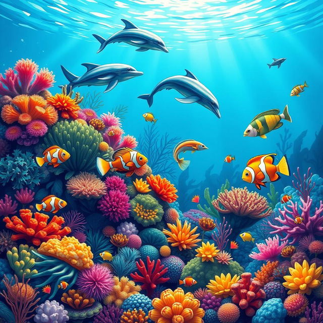 A vibrant and whimsical underwater scene featuring a colorful coral reef teeming with marine life