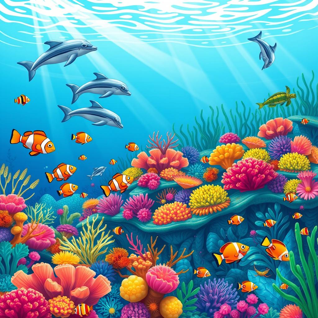 A vibrant and whimsical underwater scene featuring a colorful coral reef teeming with marine life