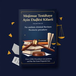 A book cover design for a collection of over 1300 criminal procedure test questions, specifically tailored for law students and candidates preparing for the bar exam in Iran