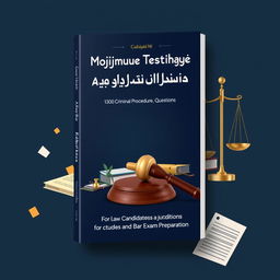 A book cover design for a collection of over 1300 criminal procedure test questions, specifically tailored for law students and candidates preparing for the bar exam in Iran