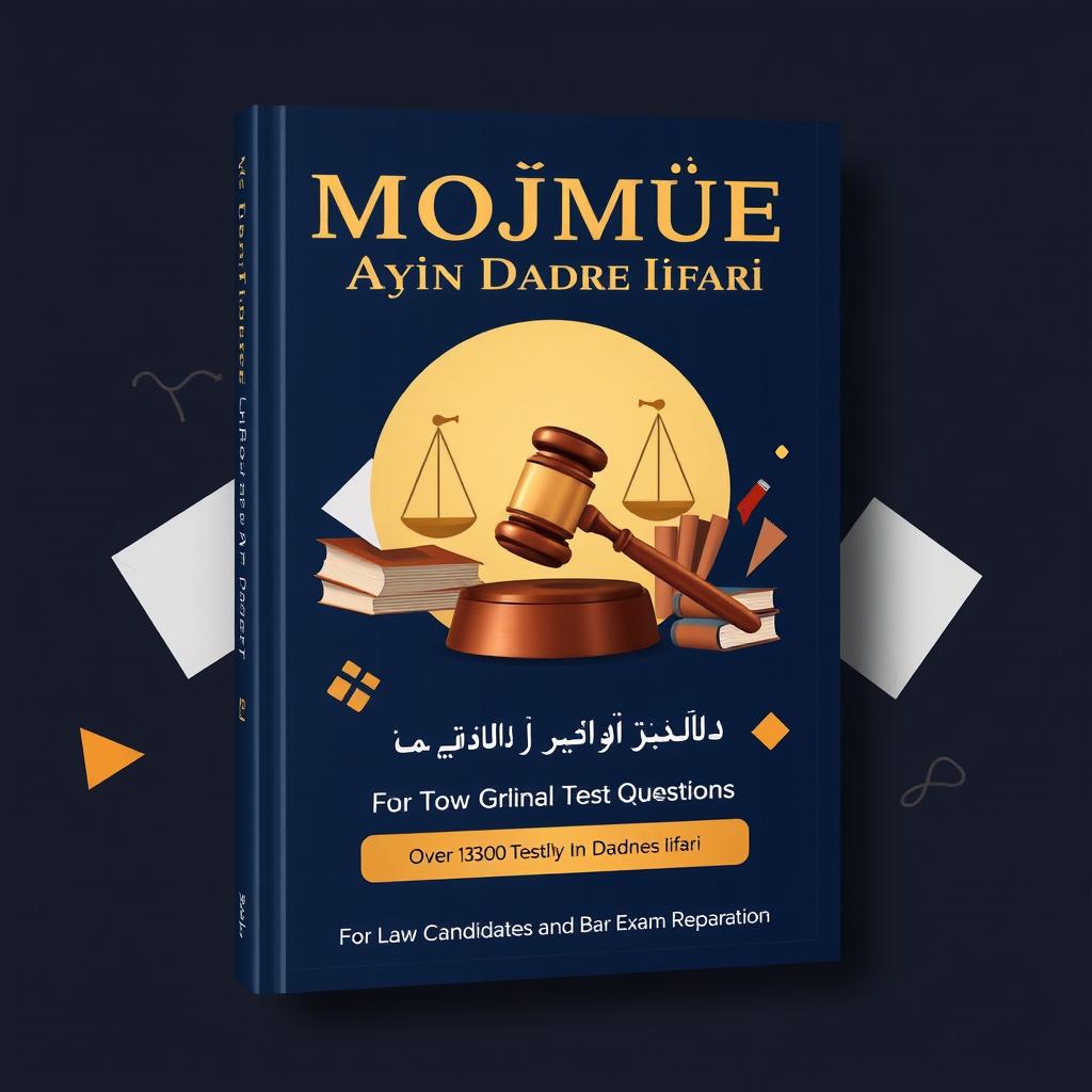 A book cover design for a collection of over 1300 criminal procedure test questions, specifically tailored for law students and candidates preparing for the bar exam in Iran
