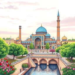 A beautiful and intricate drawing representing the essence of Isfahan, showcasing its stunning architecture like the Sheikh Lotfallah Mosque with its unique blue tiles, the vibrant colors of the Naqsh-e Jahan Square, and the historical bridges such as Khaju Bridge