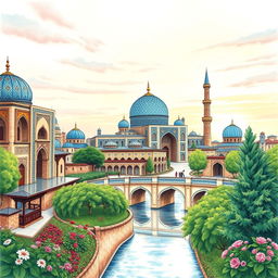 A beautiful and intricate drawing representing the essence of Isfahan, showcasing its stunning architecture like the Sheikh Lotfallah Mosque with its unique blue tiles, the vibrant colors of the Naqsh-e Jahan Square, and the historical bridges such as Khaju Bridge