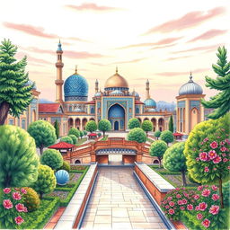 A beautiful and intricate drawing representing the essence of Isfahan, showcasing its stunning architecture like the Sheikh Lotfallah Mosque with its unique blue tiles, the vibrant colors of the Naqsh-e Jahan Square, and the historical bridges such as Khaju Bridge