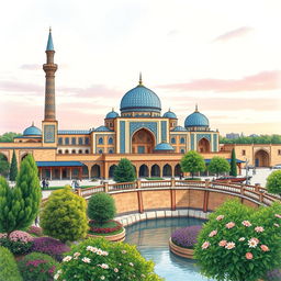 A beautiful and intricate drawing representing the essence of Isfahan, showcasing its stunning architecture like the Sheikh Lotfallah Mosque with its unique blue tiles, the vibrant colors of the Naqsh-e Jahan Square, and the historical bridges such as Khaju Bridge