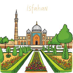 An inviting and easy-to-understand drawing of Isfahan, focusing on its iconic landmarks like the stunning Sheikh Lotfallah Mosque and the vibrant Naqsh-e Jahan Square