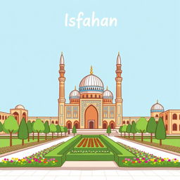 An inviting and easy-to-understand drawing of Isfahan, focusing on its iconic landmarks like the stunning Sheikh Lotfallah Mosque and the vibrant Naqsh-e Jahan Square