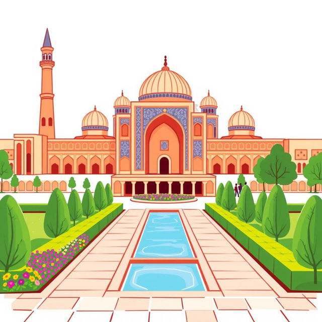 An inviting and easy-to-understand drawing of Isfahan, focusing on its iconic landmarks like the stunning Sheikh Lotfallah Mosque and the vibrant Naqsh-e Jahan Square