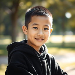 A portrait of an Asian boy with short hair wearing a black hoodie