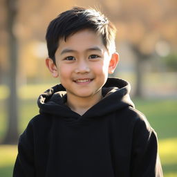 A portrait of an Asian boy with short hair wearing a black hoodie
