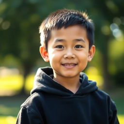 A portrait of an Asian boy with short hair wearing a black hoodie