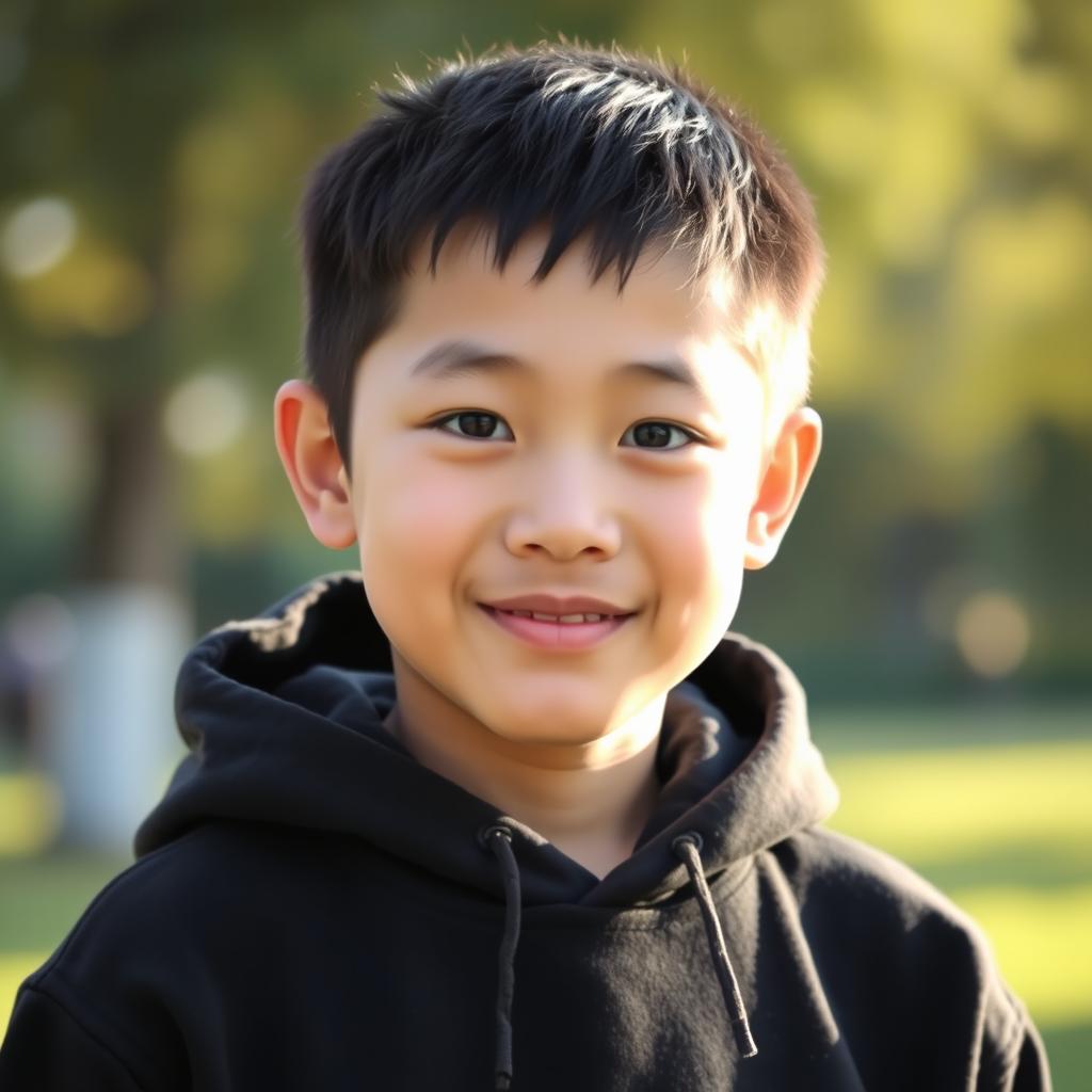 A portrait of an Asian boy with short hair wearing a black hoodie