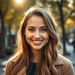 A 27-year-old woman with a slightly chubby face, embodying a cheerful and warm expression