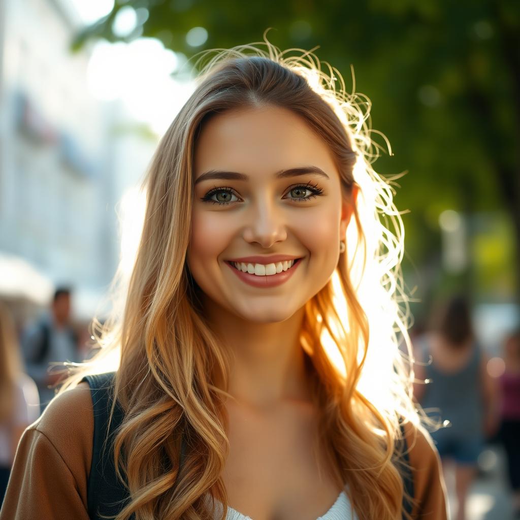 A 27-year-old woman with a slightly chubby face, embodying a cheerful and warm expression