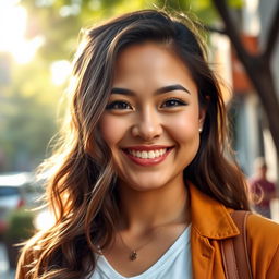 A 27-year-old woman with a slightly chubby face, embodying a cheerful and warm expression