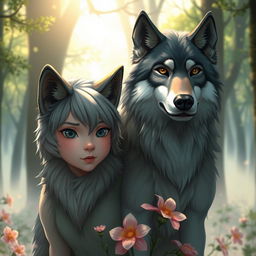 A wolf-girl with short, grayish hair, black eyes, and black lips standing next to a majestic wolf
