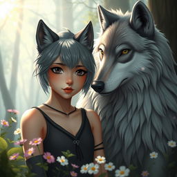 A wolf-girl with short, grayish hair, black eyes, and black lips standing next to a majestic wolf