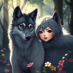 A wolf-girl with short, grayish hair, black eyes, and black lips standing next to a majestic wolf