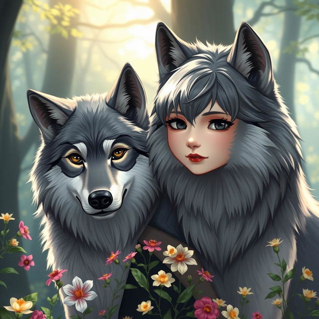 A wolf-girl with short, grayish hair, black eyes, and black lips standing next to a majestic wolf