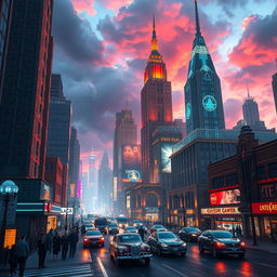 A stunning cityscape that brilliantly blends decopunk and tech noir aesthetics, showcasing a futuristic metropolis with elegant Art Deco architecture infused with modern technology