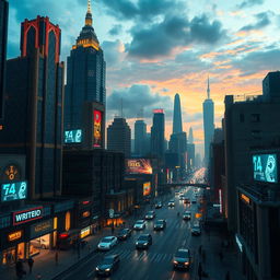 A stunning cityscape that brilliantly blends decopunk and tech noir aesthetics, showcasing a futuristic metropolis with elegant Art Deco architecture infused with modern technology
