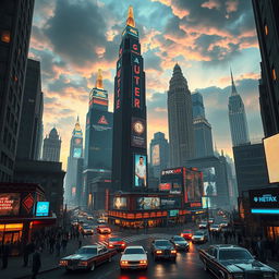 A stunning cityscape that brilliantly blends decopunk and tech noir aesthetics, showcasing a futuristic metropolis with elegant Art Deco architecture infused with modern technology
