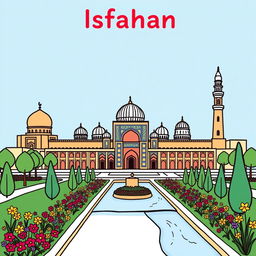 A simple yet captivating drawing of Isfahan, highlighting its signature landmarks like the Sheikh Lotfallah Mosque and Naqsh-e Jahan Square