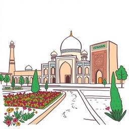 A simple yet captivating drawing of Isfahan, highlighting its signature landmarks like the Sheikh Lotfallah Mosque and Naqsh-e Jahan Square